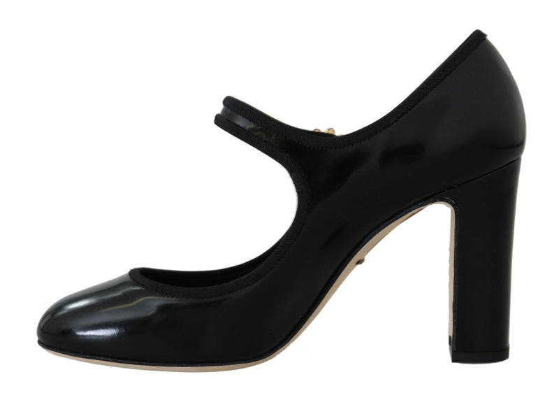 Black Leather Crystal Heels Mary Jane Shoes