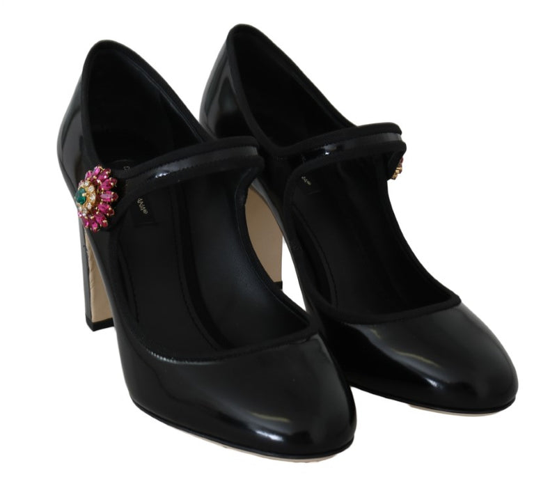 Black Leather Crystal Heels Mary Jane Shoes