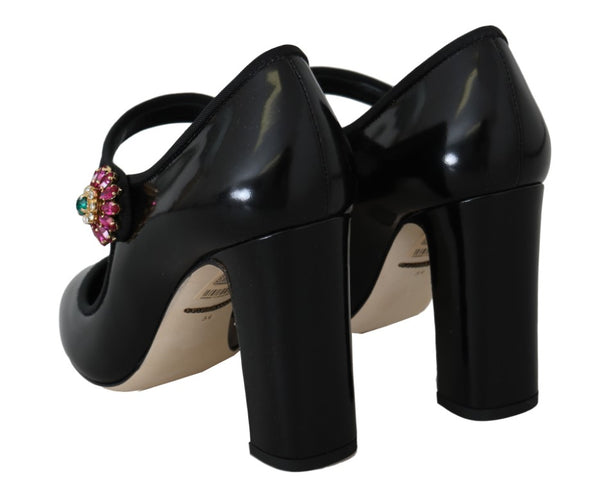 Black Leather Crystal Heels Mary Jane Shoes