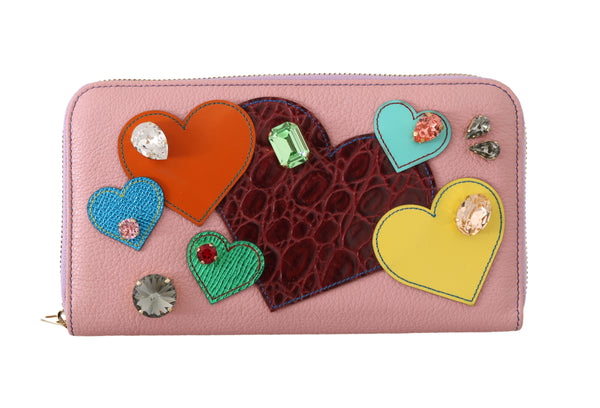 Pink Leather Heart Crystal Continental Clutch Wallet