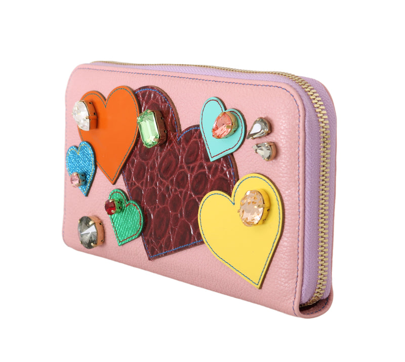 Pink Leather Heart Crystal Continental Clutch Wallet