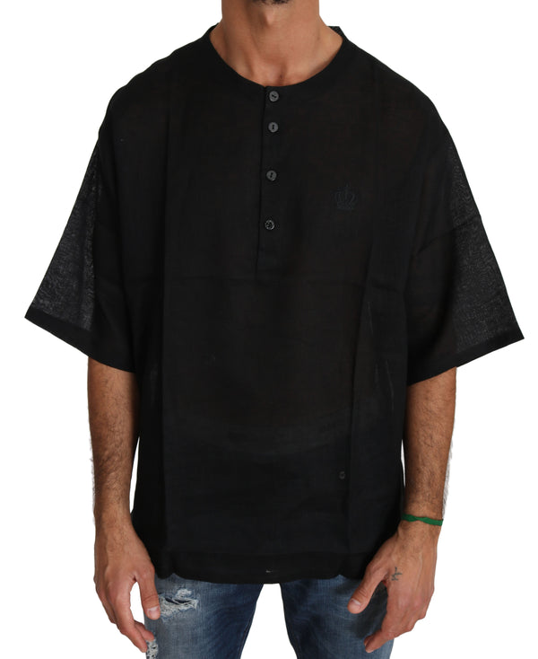 Black Linen Henley Crown Top T-shirt