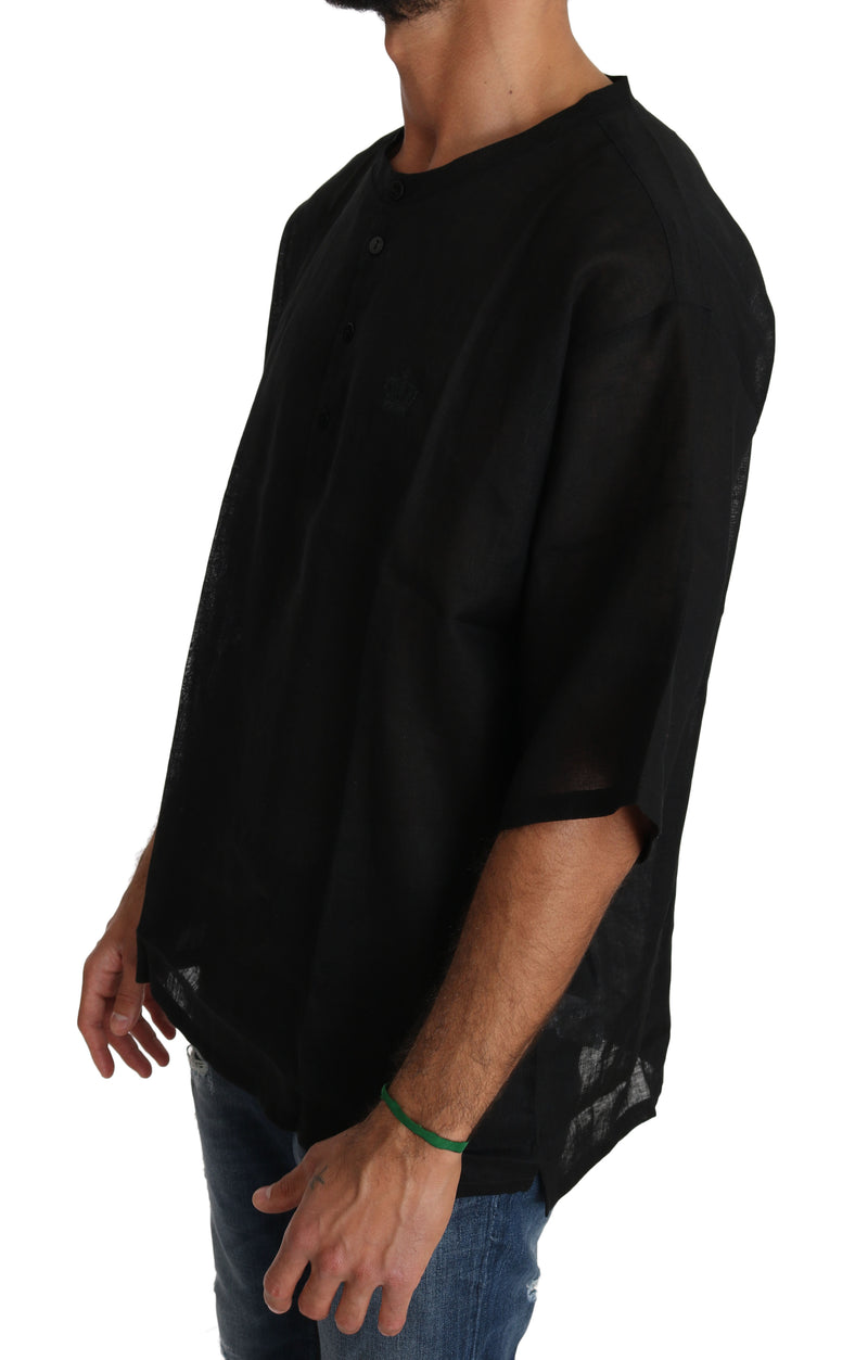 Black Linen Henley Crown Top T-shirt