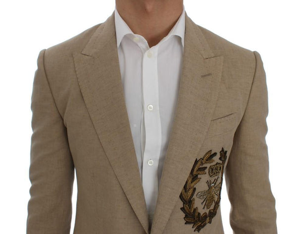 Beige Slim Fit Bee Crown Blazer Jacket