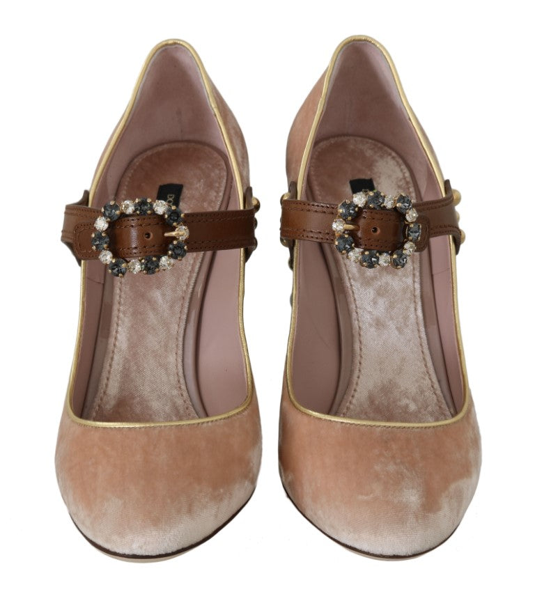 Beige Velvet Crystal Studs Mary Jane Shoes