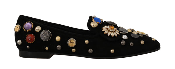 Black Suede Crystal Studs Loafers