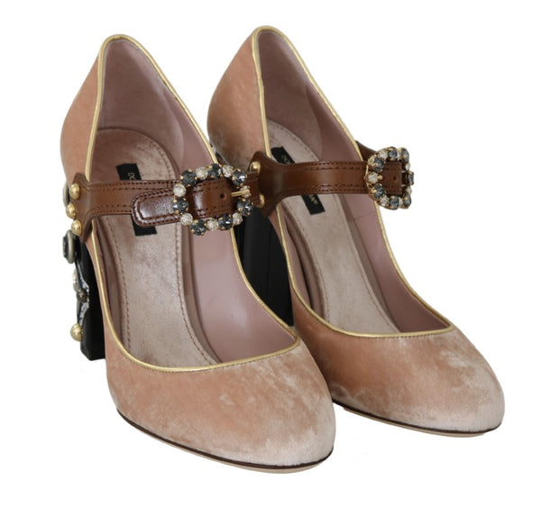 Beige Velvet Crystal Studs Mary Jane Shoes