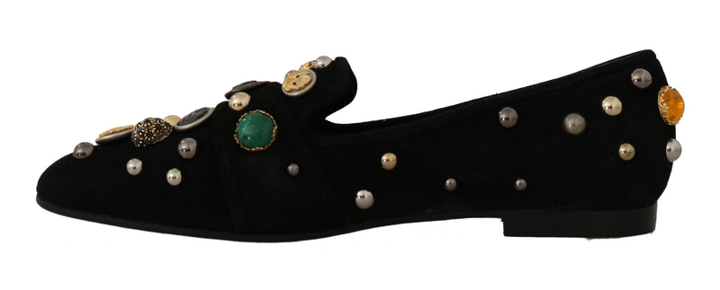 Black Suede Crystal Studs Loafers