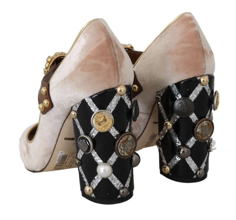 Beige Velvet Crystal Studs Mary Jane Shoes