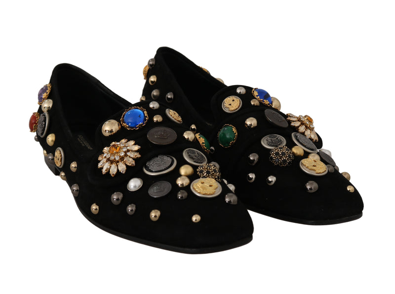 Black Suede Crystal Studs Loafers