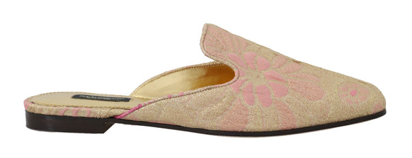 Gold Pink Brocade Floral Slides Mules Shoes
