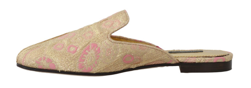 Gold Pink Brocade Floral Slides Mules Shoes