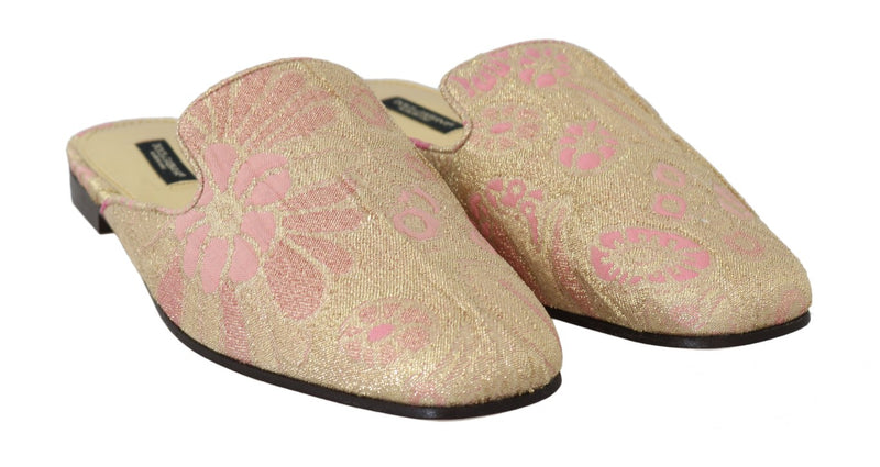 Gold Pink Brocade Floral Slides Mules Shoes