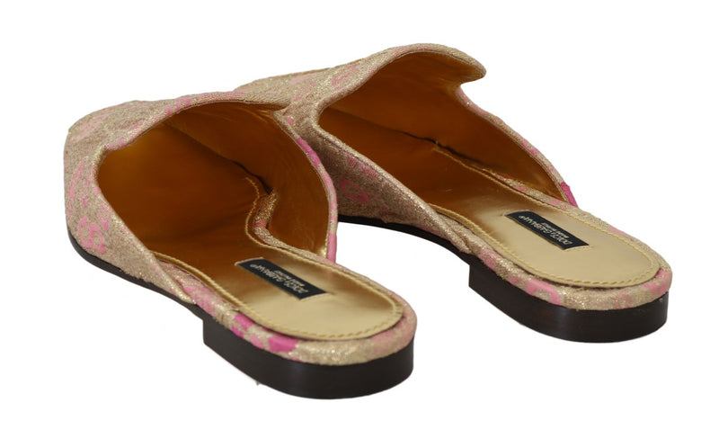 Gold Pink Brocade Floral Slides Mules Shoes