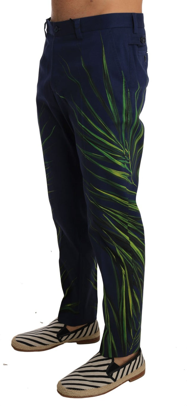 Blue Cotton Green Leaves Print Slim Pants