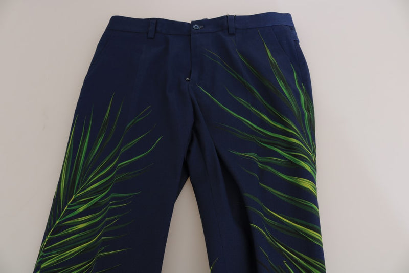 Blue Cotton Green Leaves Print Slim Pants