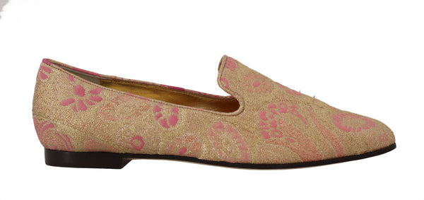 Gold Pink Brocade Crystal Flat Loafers