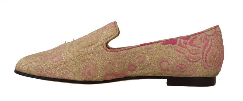 Gold Pink Brocade Crystal Flat Loafers