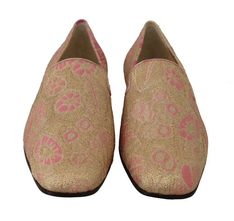 Gold Pink Brocade Crystal Flat Loafers