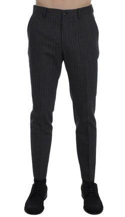 Gray Striped Wool Cotton Slim Pants