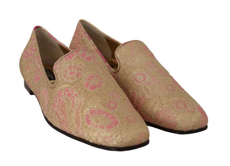 Gold Pink Brocade Crystal Flat Loafers