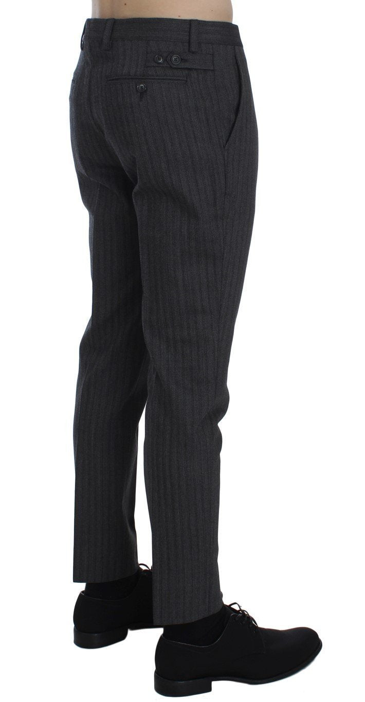 Gray Striped Wool Cotton Slim Pants
