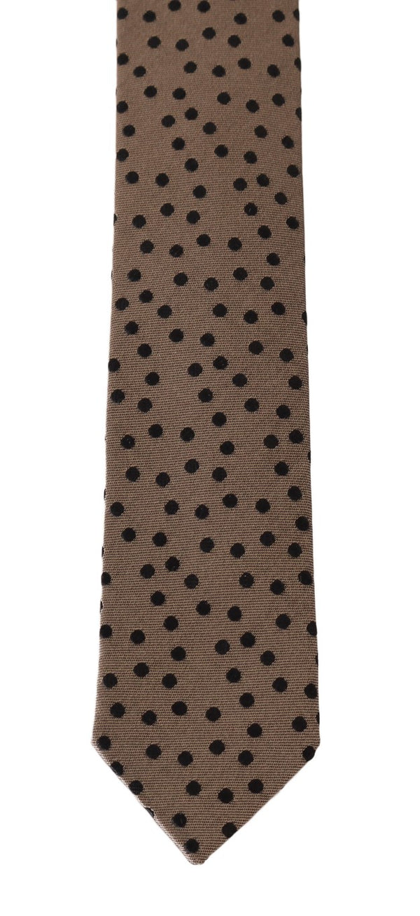 Beige Silk Black Polka Dot Print Slim Tie