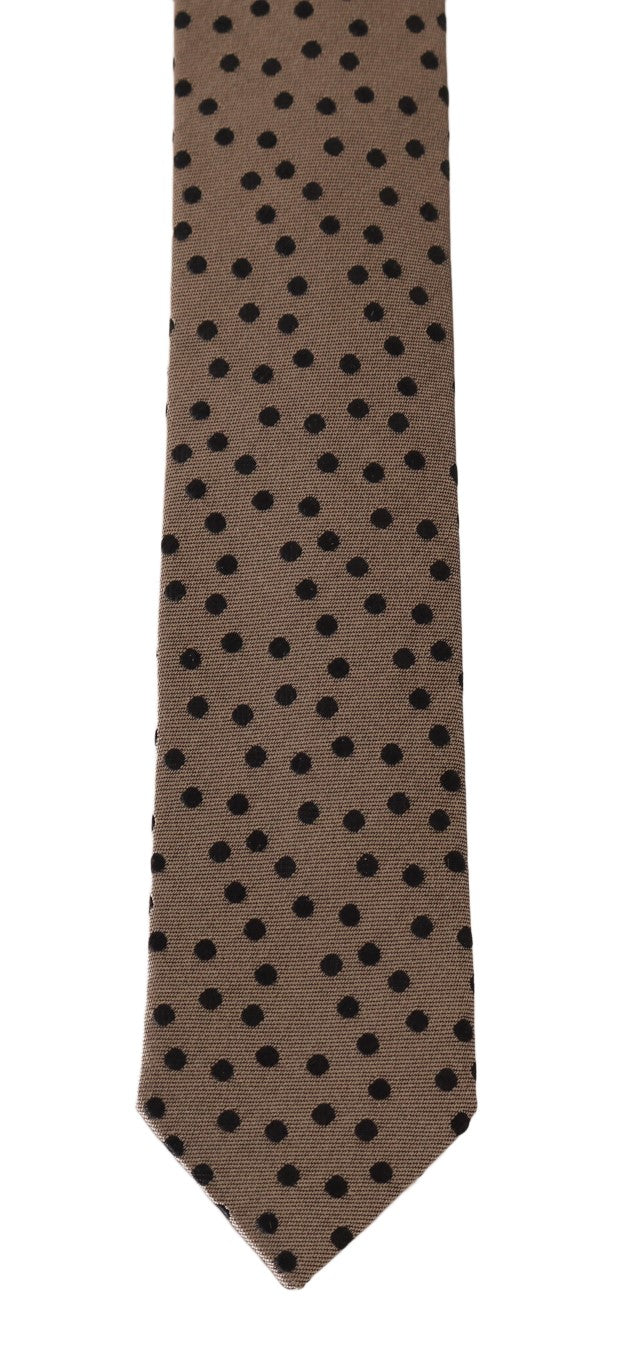 Beige Silk Black Polka Dot Print Slim Tie