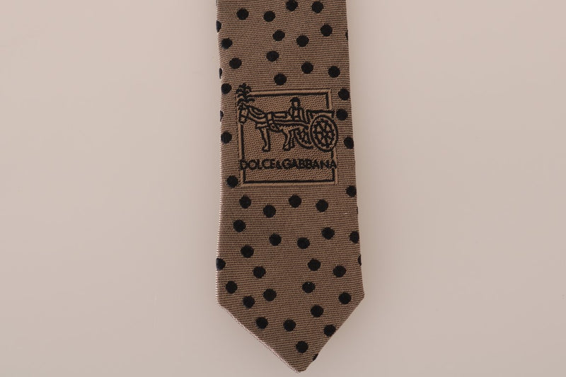 Beige Silk Black Polka Dot Print Slim Tie
