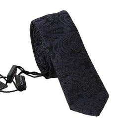 Black Silk Blue Floral Print Slim Tie