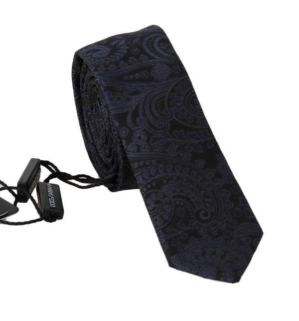 Black Silk Blue Floral Print Slim Tie