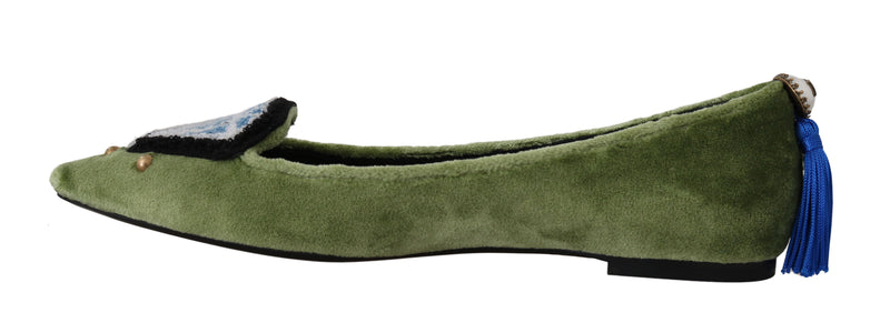 Green Velvet Tassel Ballet Flats