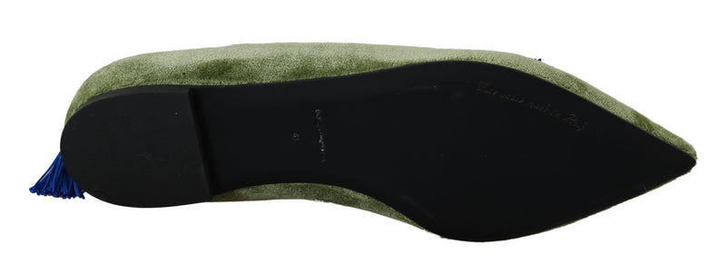 Green Velvet Tassel Ballet Flats