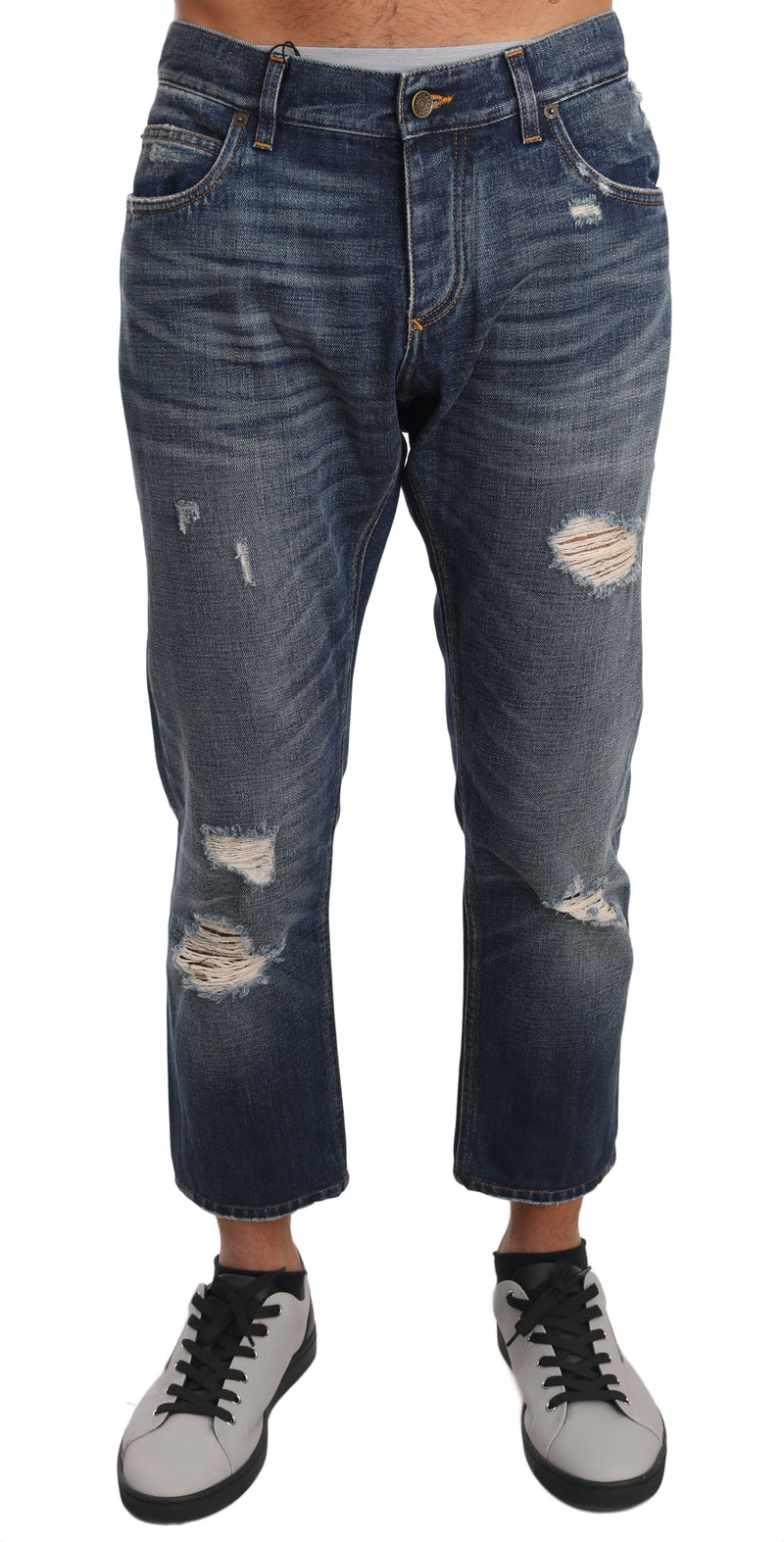 Blue Cotton Ripped Jeans Cropped Pants