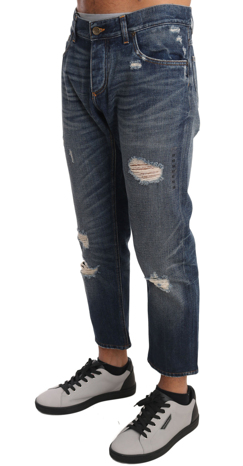 Blue Cotton Ripped Jeans Cropped Pants