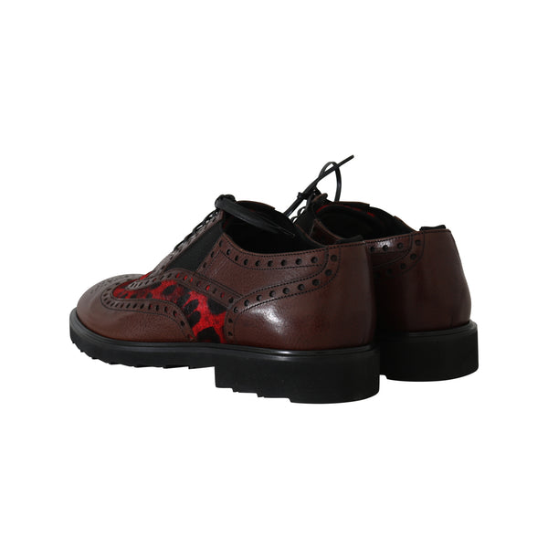 Bordeaux Leather Derby Wingtip Leopard Shoes