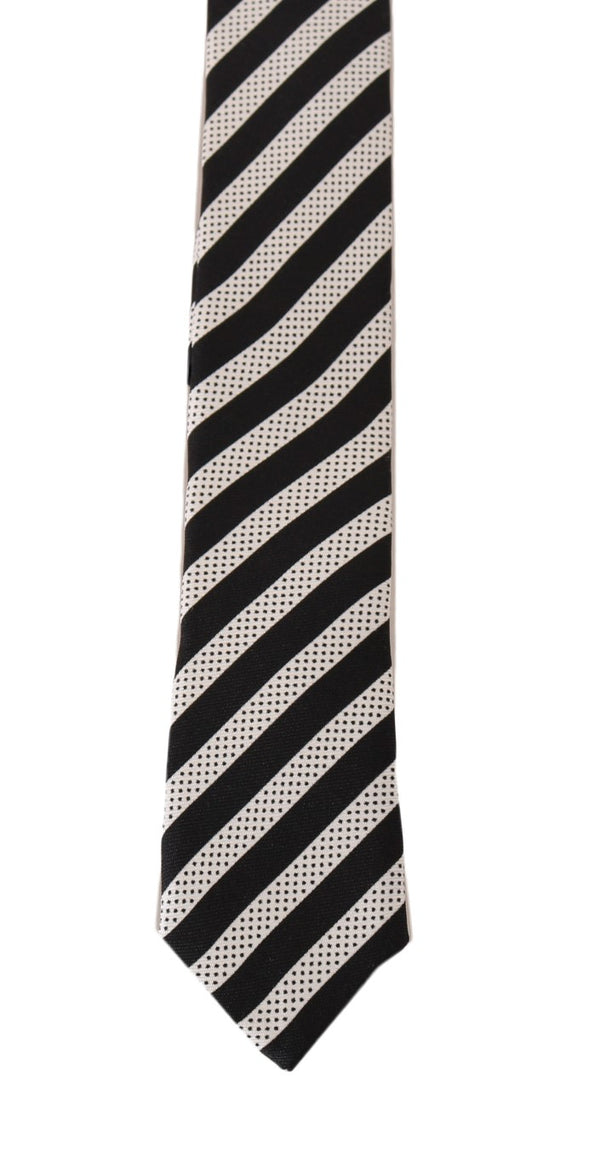 Black White Silk Striped Dotted Slim Tie