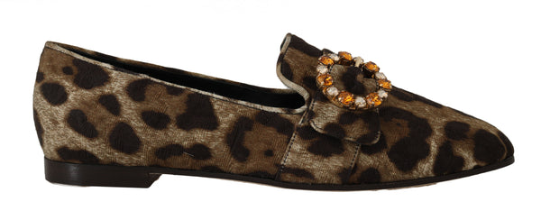 Brown Brocade Leopard Crystal Loafers