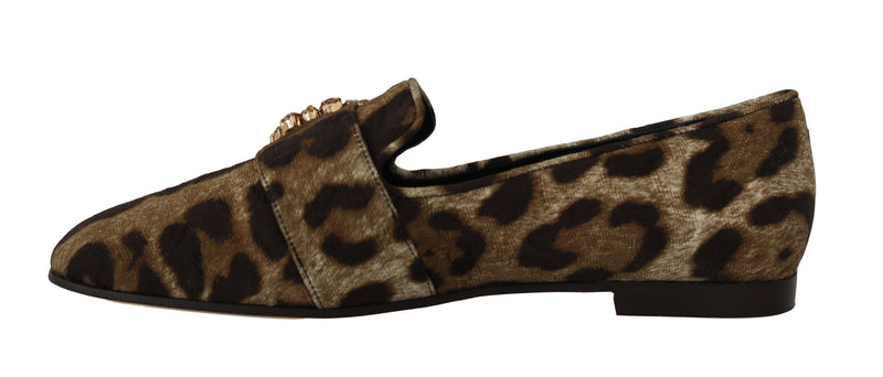 Brown Brocade Leopard Crystal Loafers