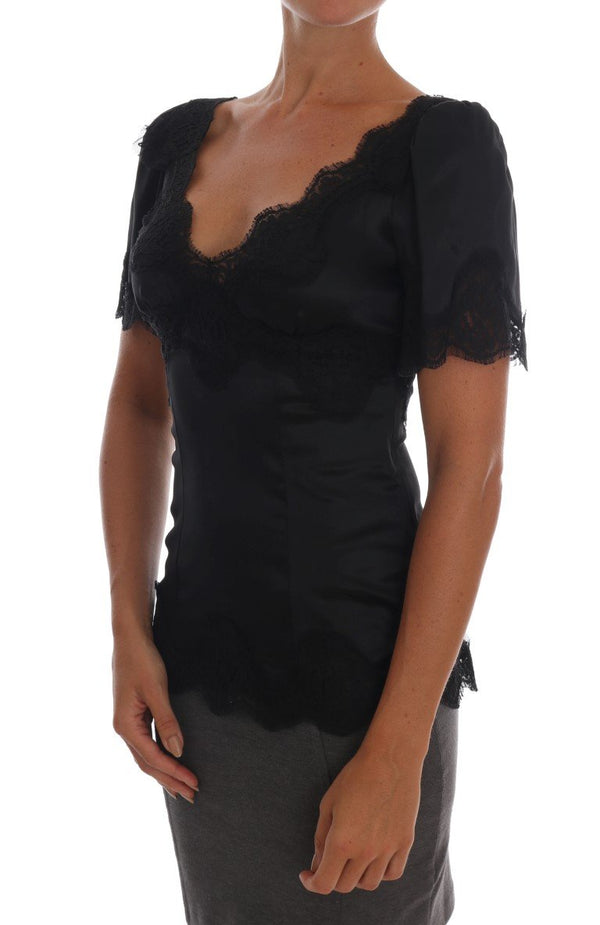 Black Lace Stretch Silk Blouse