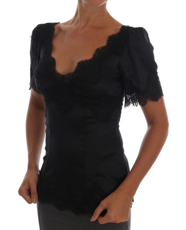 Black Lace Stretch Silk Blouse
