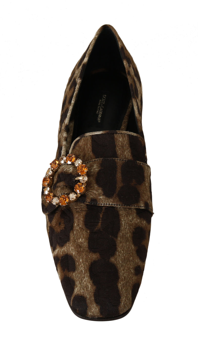 Brown Brocade Leopard Crystal Loafers