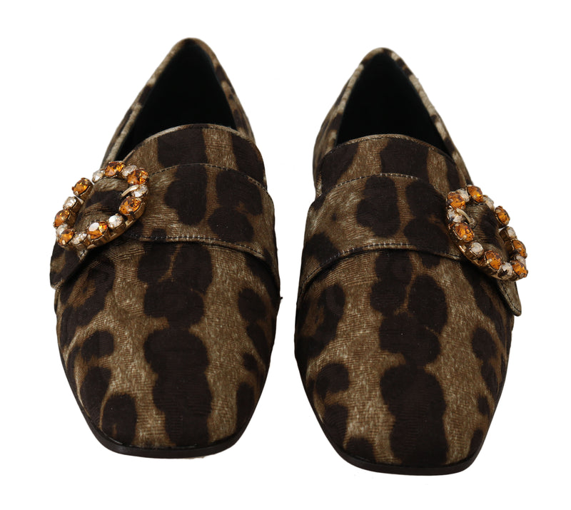 Brown Brocade Leopard Crystal Loafers