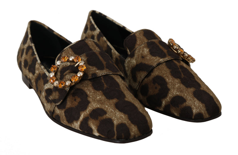 Brown Brocade Leopard Crystal Loafers