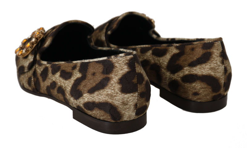 Brown Brocade Leopard Crystal Loafers