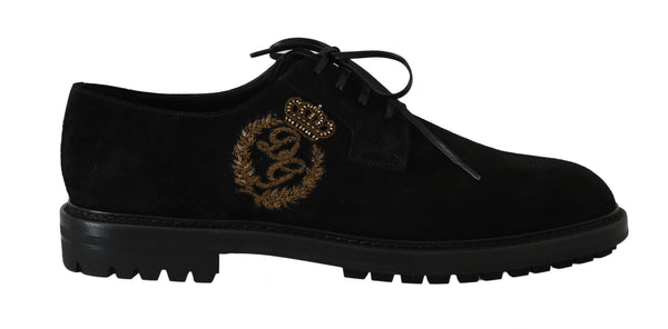 Black Leather Gold Crown Derby Shoes