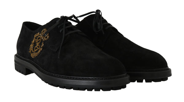 Black Leather Gold Crown Derby Shoes