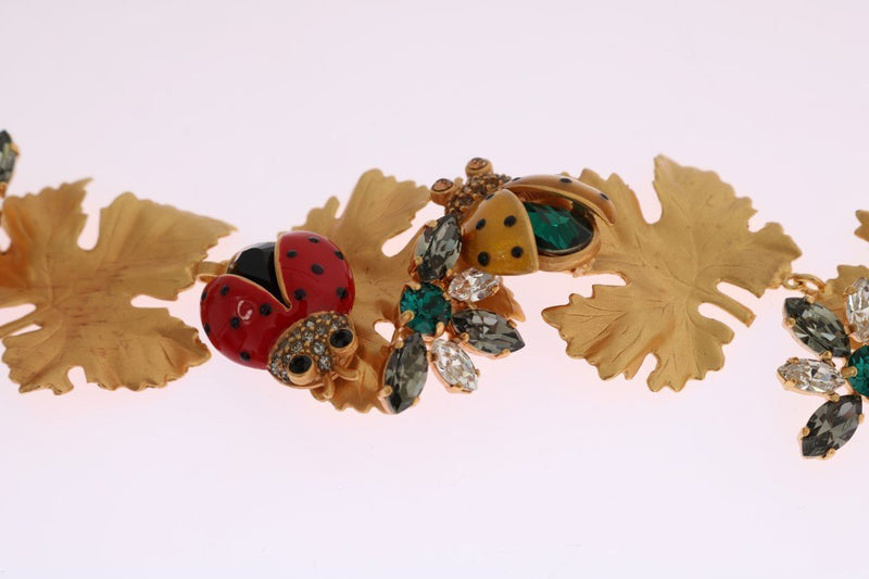 Gold Brass Crystal ladybirds Leaf Statement Bracelet