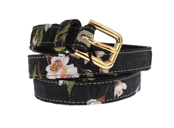 Floral Print Leather Gold Buckle Logo Belt