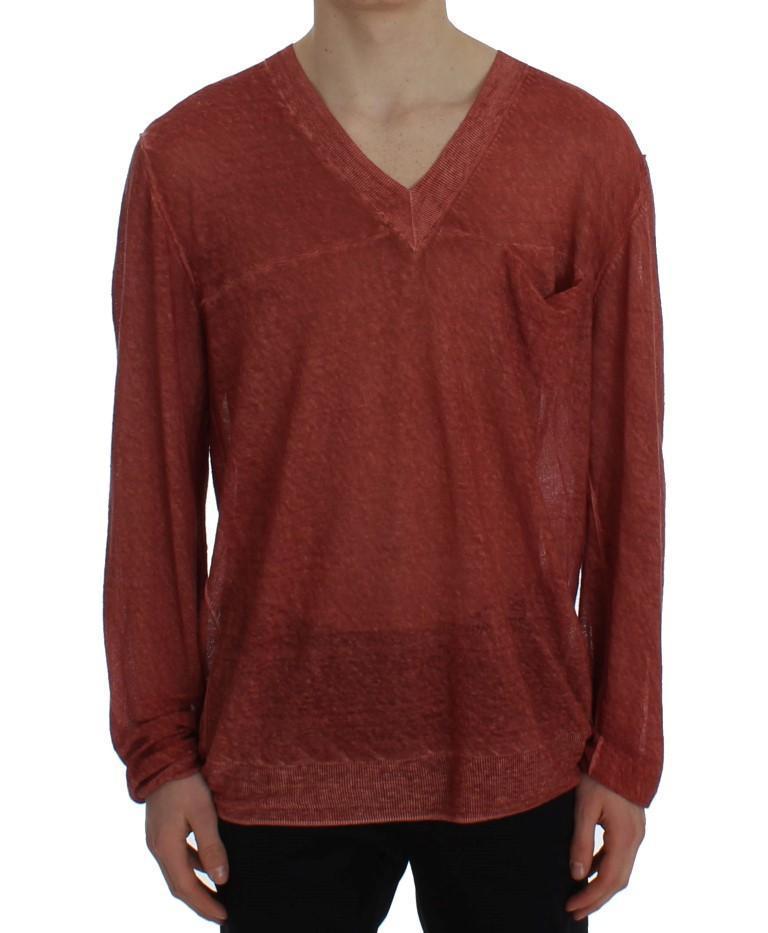 Red V-neck Pullover Linen Sweater